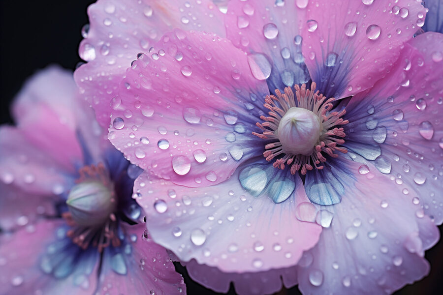 Delicate bloemen versierd met waterdruppels