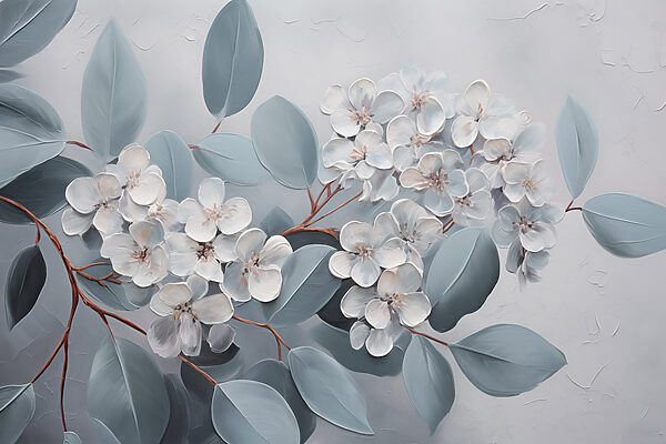 Schilderij van witte bloemen en bladeren Schilderij van witte bloemen en bladeren