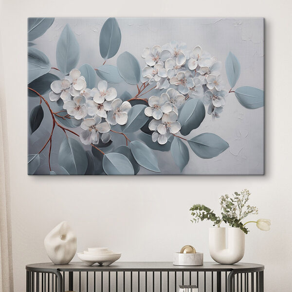 Schilderij van witte bloemen en bladeren Schilderij van witte bloemen en bladeren