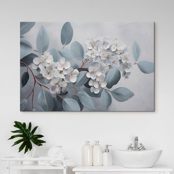 Schilderij van witte bloemen en bladeren Schilderij van witte bloemen en bladeren