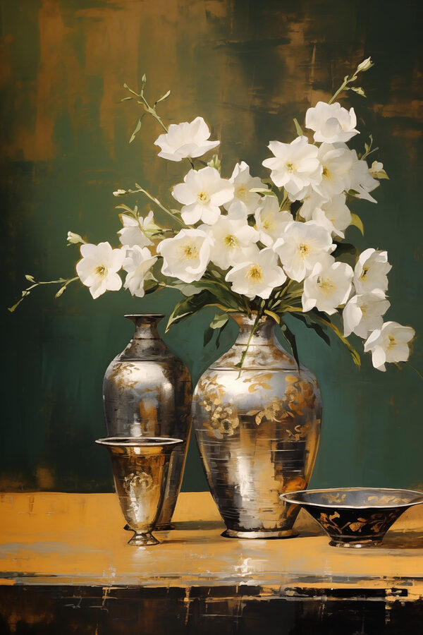 Vaas met witte bloemen en een schaal Vaas met witte bloemen en een schaal