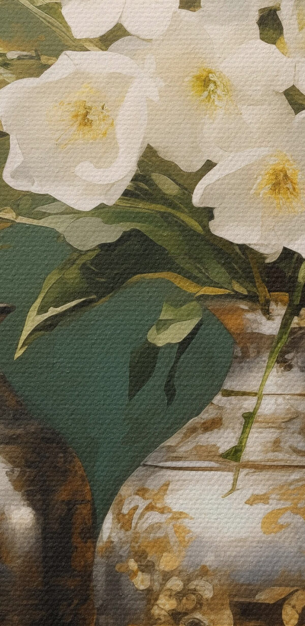 Vaas met witte bloemen en een schaal Vaas met witte bloemen en een schaal