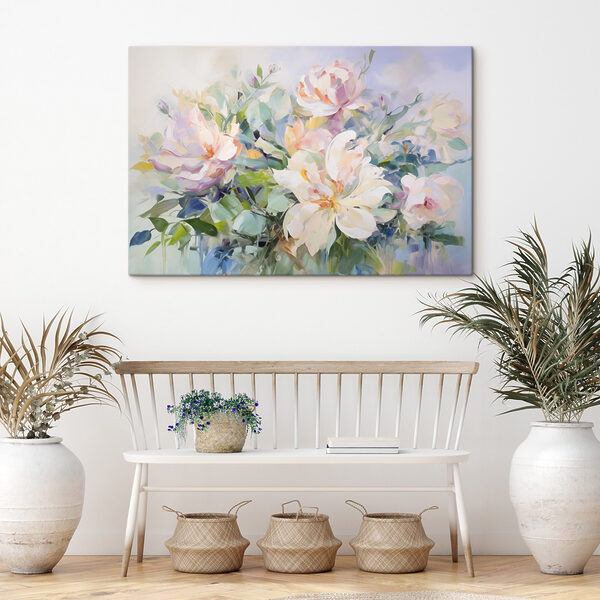 Schilderij van bloemen op een blauwe achtergrond Schilderij van bloemen op een blauwe achtergrond