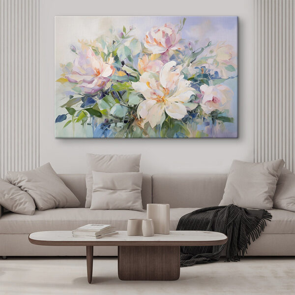 Schilderij van bloemen op een blauwe achtergrond Schilderij van bloemen op een blauwe achtergrond