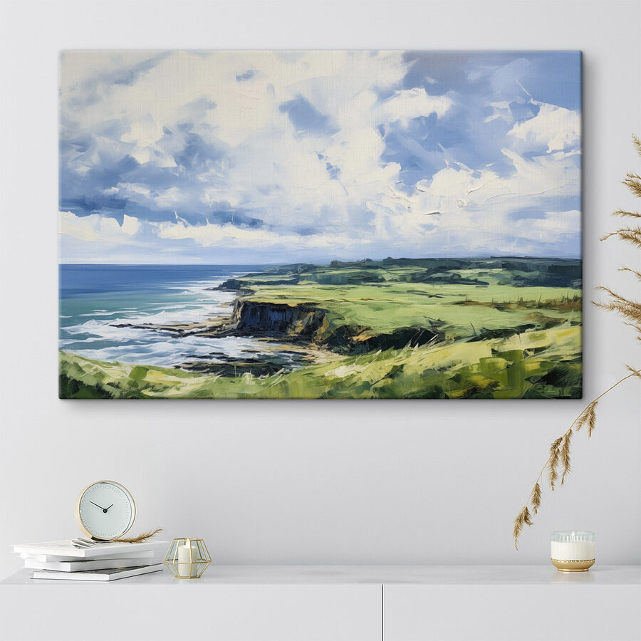 Schilderij van een landschap met een klif en water