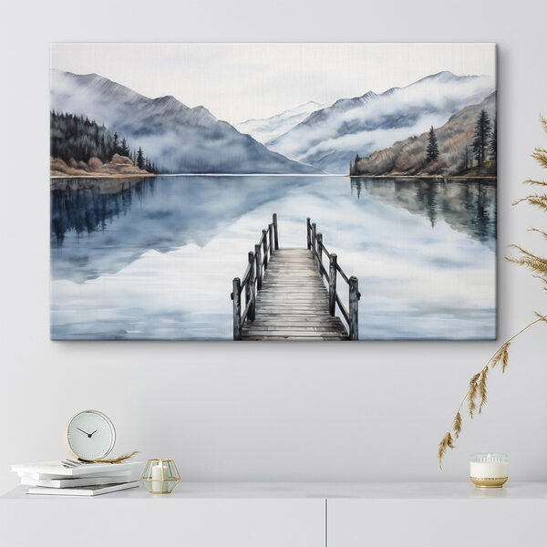 Aquarel van een steiger op een meer met bergen op de achtergrond Aquarel van een steiger op een meer met bergen op de achtergrond