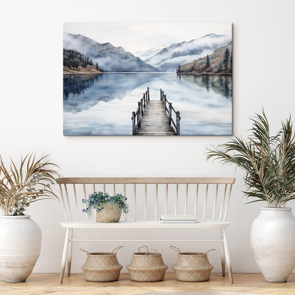 Aquarel van een steiger op een meer met bergen op de achtergrond Aquarel van een steiger op een meer met bergen op de achtergrond