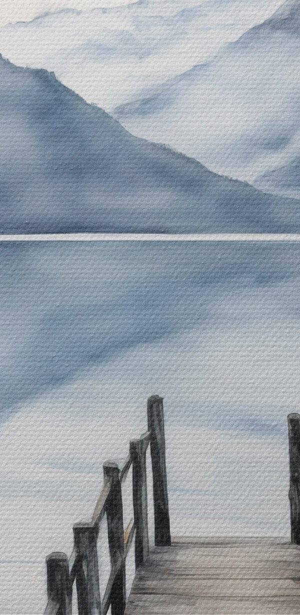 Aquarel van een steiger op een meer met bergen op de achtergrond Aquarel van een steiger op een meer met bergen op de achtergrond