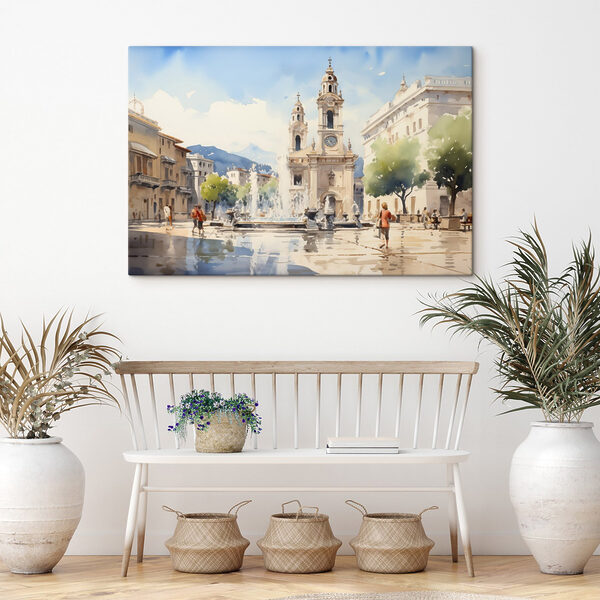 Aquarel van een gebouw met een fontein ervoor Aquarel van een gebouw met een fontein ervoor