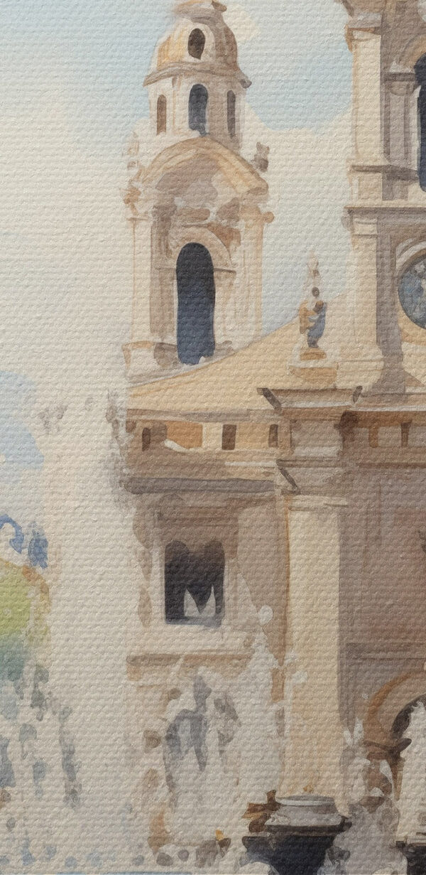 Aquarel van een gebouw met een fontein ervoor Aquarel van een gebouw met een fontein ervoor