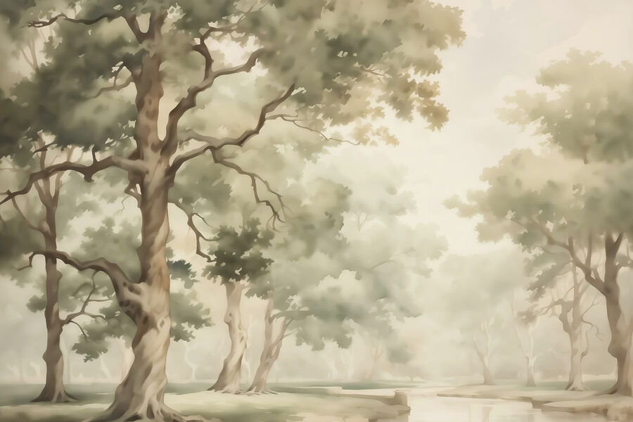 Aquarel van bomen en een rivier