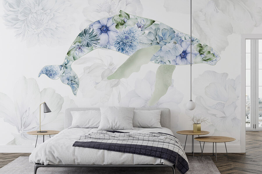 Walvis met bloemen erop