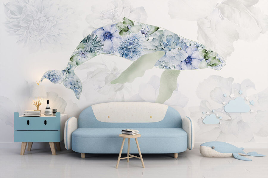 Walvis met bloemen erop