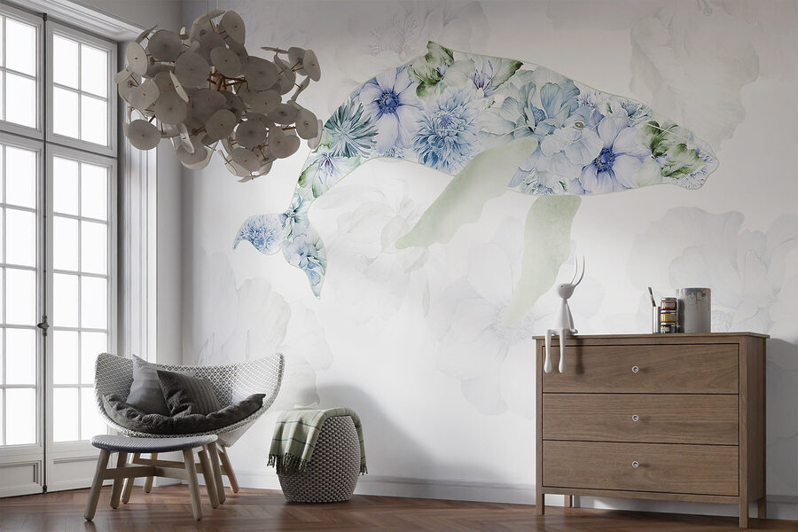 Walvis met bloemen erop