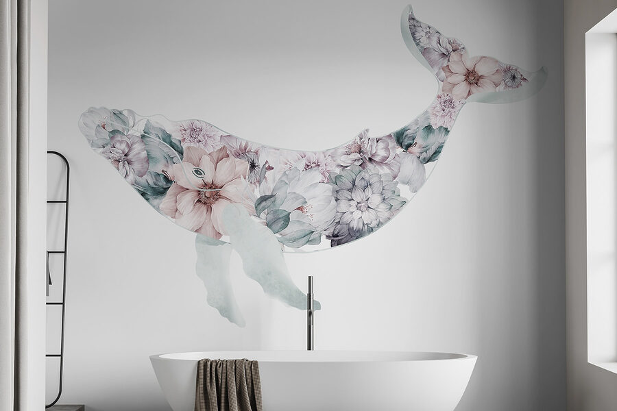 Walvis met bloemen erop