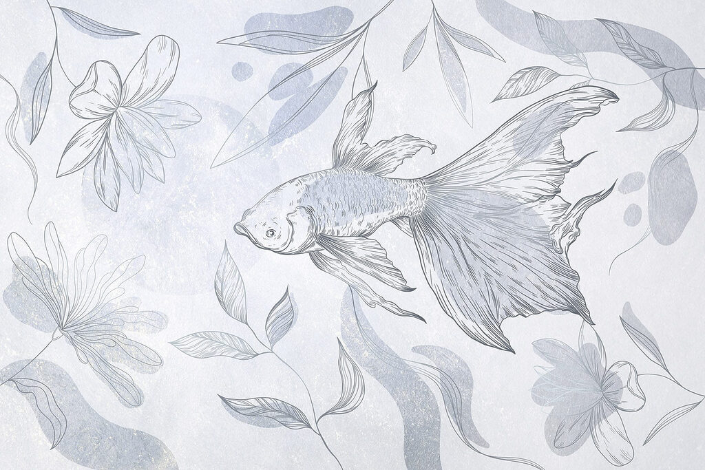 Tekening van een vis en planten Tekening van een vis en planten