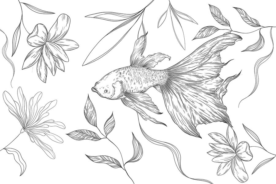 Zwart-wit tekening van een vis en planten