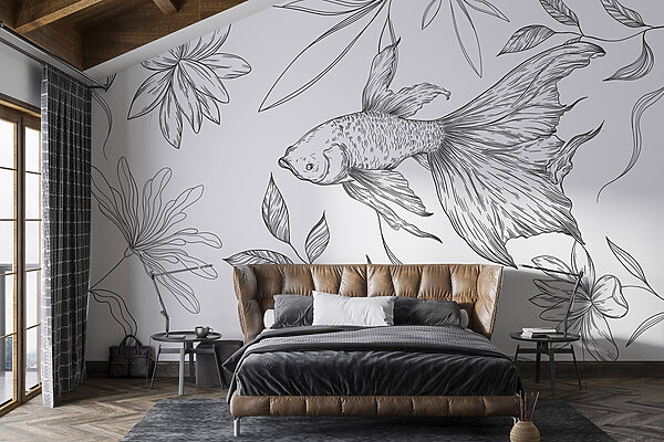Zwart-wit tekening van een vis en planten Zwart-wit tekening van een vis en planten