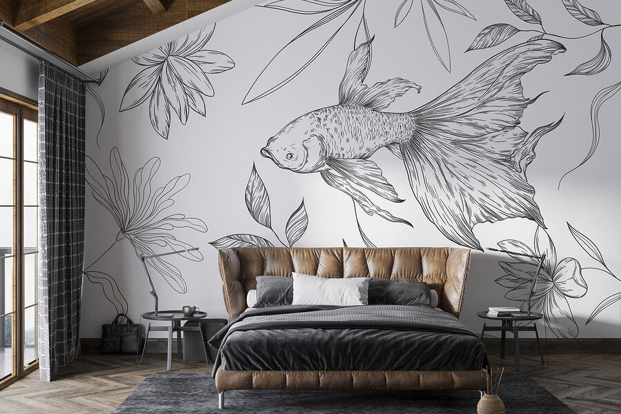 Zwart-wit tekening van een vis en planten