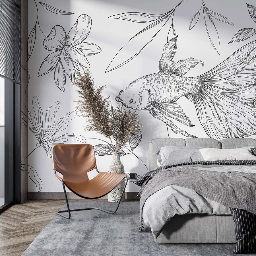 Zwart-wit tekening van een vis en planten