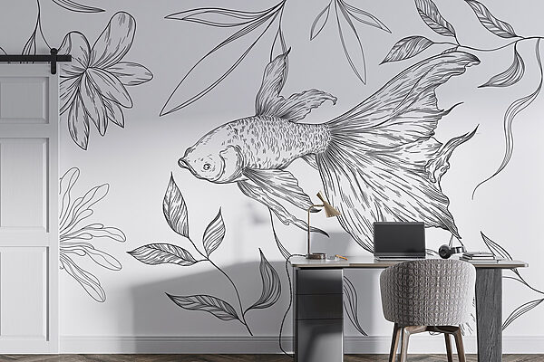 Zwart-wit tekening van een vis en planten Zwart-wit tekening van een vis en planten