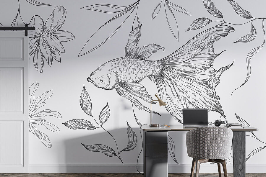 Zwart-wit tekening van een vis en planten