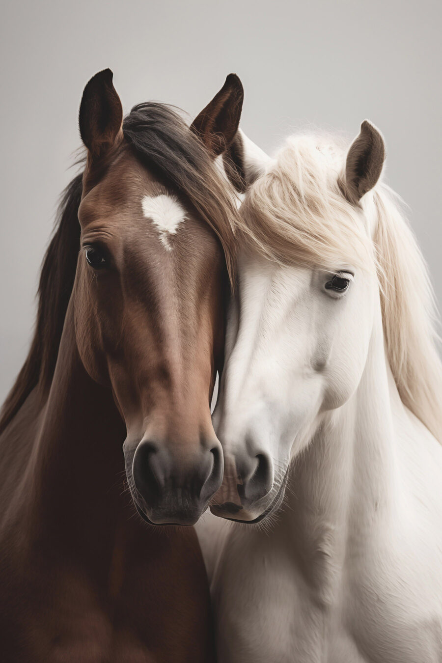 Twee paarden met hun hoofden tegen elkaar