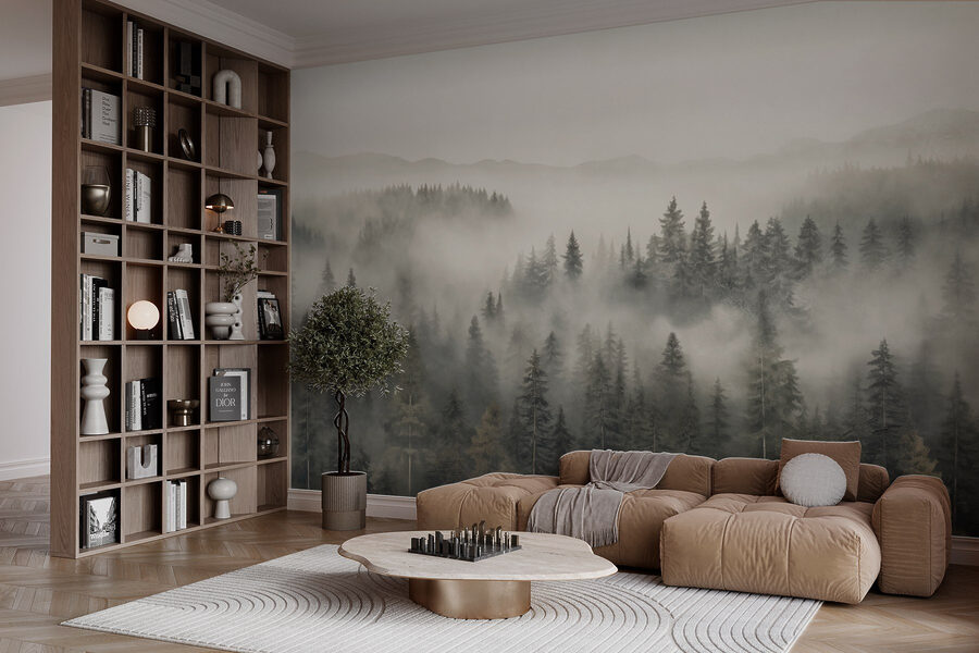 Bos met mist en bergen