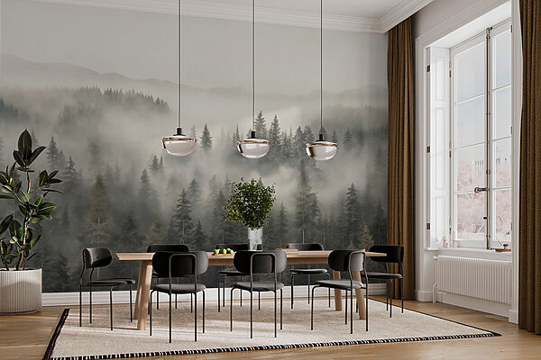 Bos met mist en bergen Bos met mist en bergen