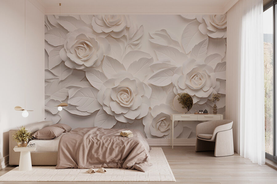 Witte papieren bloemen en bladeren