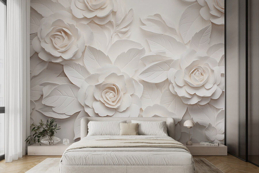 Witte papieren bloemen en bladeren
