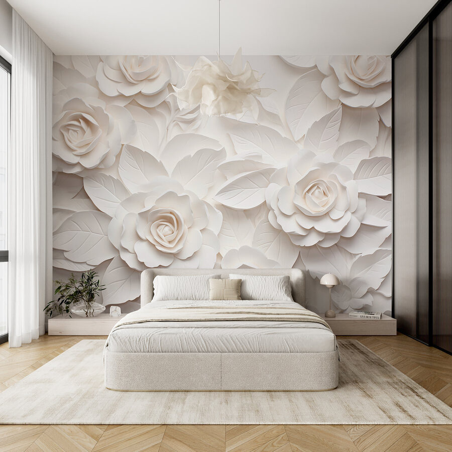 Witte papieren bloemen en bladeren
