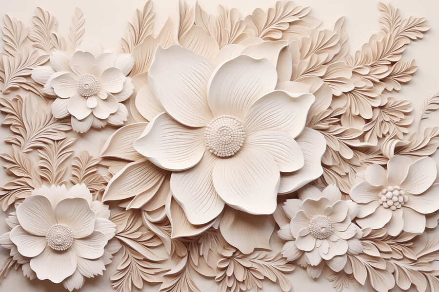 Witte bloemen en bladeren op een muur