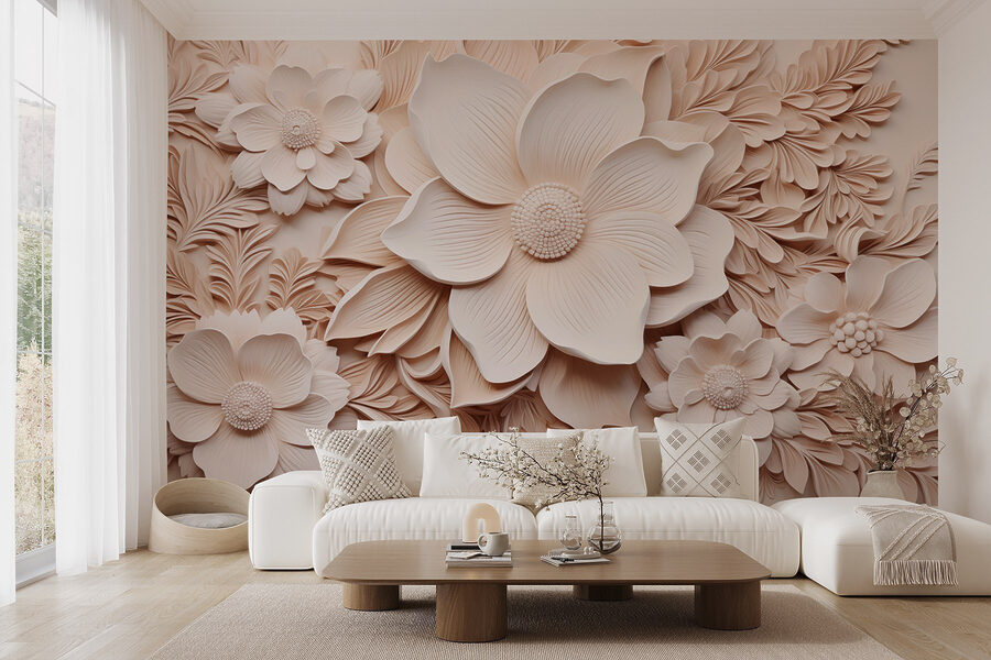 Witte bloemen en bladeren op een muur