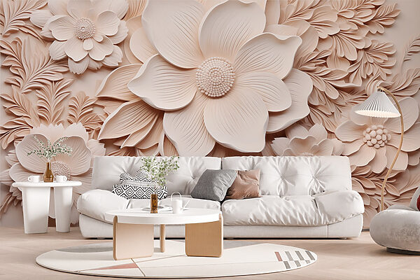 Witte bloemen en bladeren op een muur Witte bloemen en bladeren op een muur