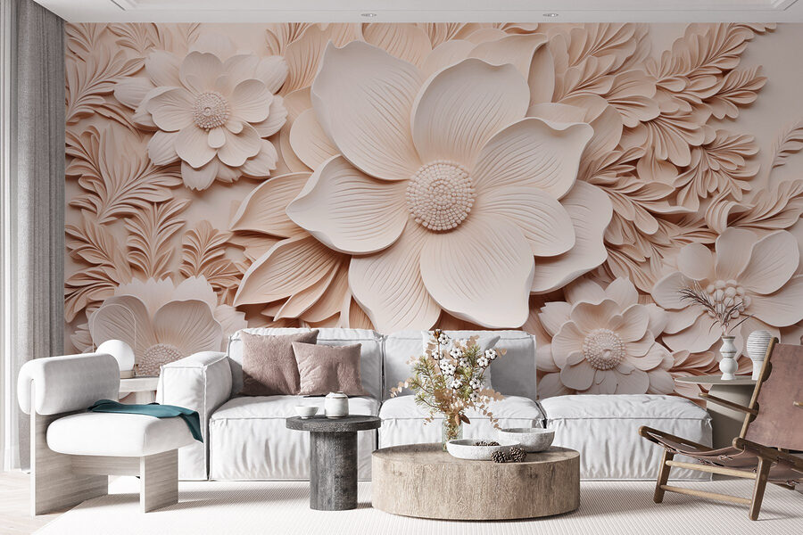 Witte bloemen en bladeren op een muur
