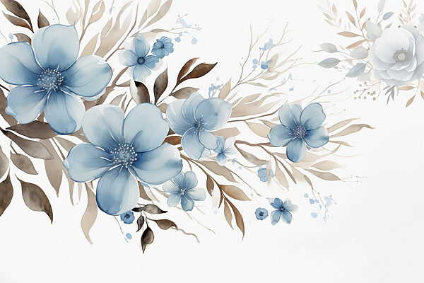 Schilderij van blauwe bloemen en bruine bladeren Schilderij van blauwe bloemen en bruine bladeren