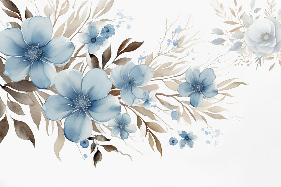 Schilderij van blauwe bloemen en bruine bladeren