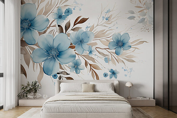 Schilderij van blauwe bloemen en bruine bladeren Schilderij van blauwe bloemen en bruine bladeren