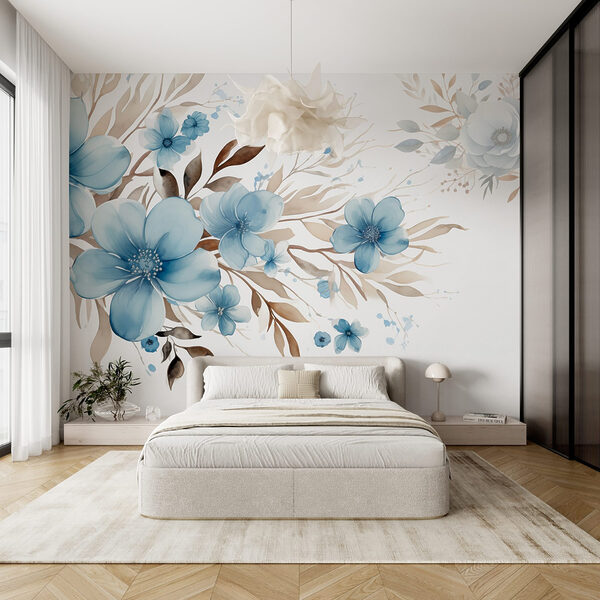 Schilderij van blauwe bloemen en bruine bladeren Schilderij van blauwe bloemen en bruine bladeren