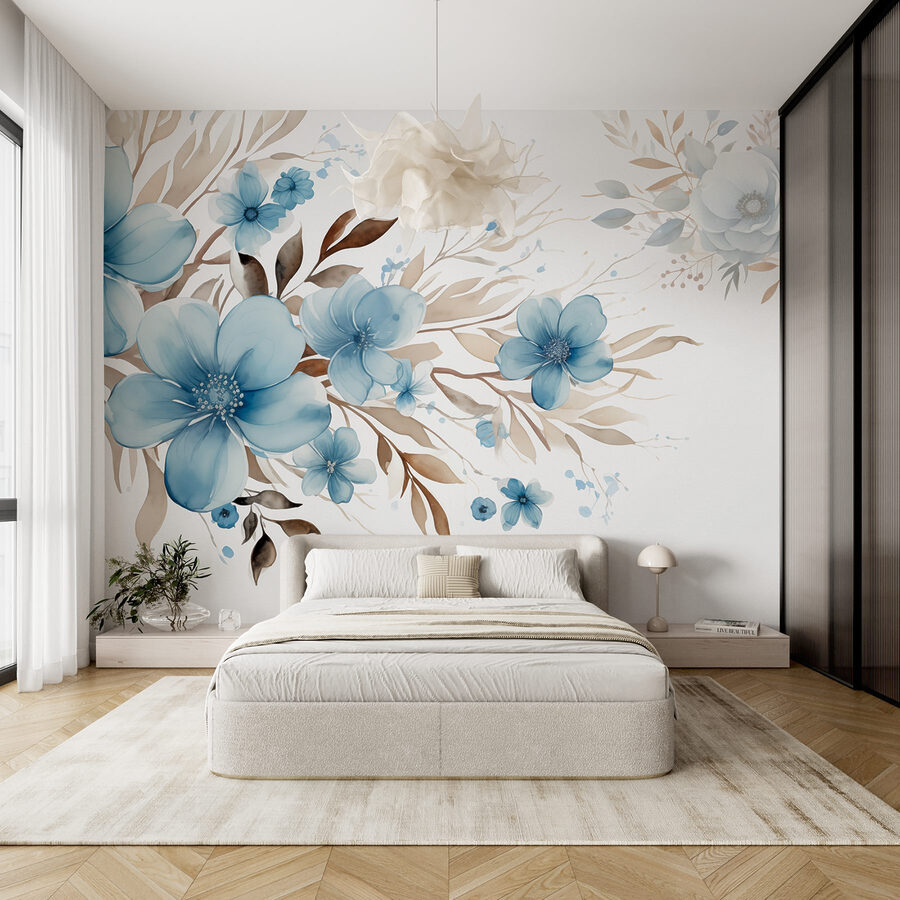 Schilderij van blauwe bloemen en bruine bladeren