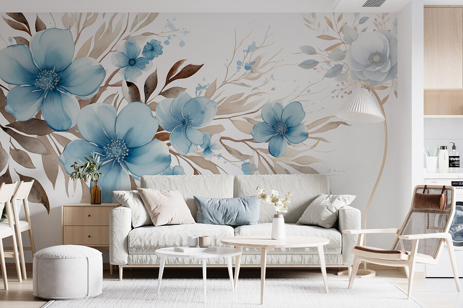 Schilderij van blauwe bloemen en bruine bladeren