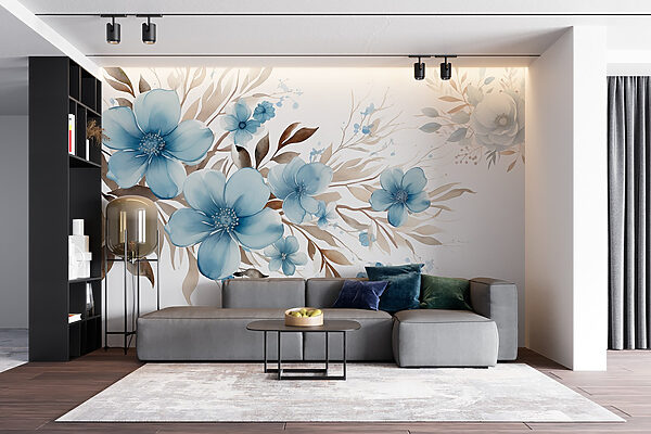 Schilderij van blauwe bloemen en bruine bladeren Schilderij van blauwe bloemen en bruine bladeren
