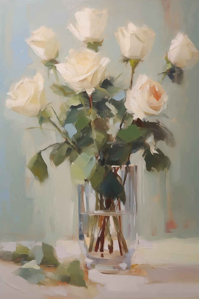 Painting of a vase of white roses Painting of a vase of white roses