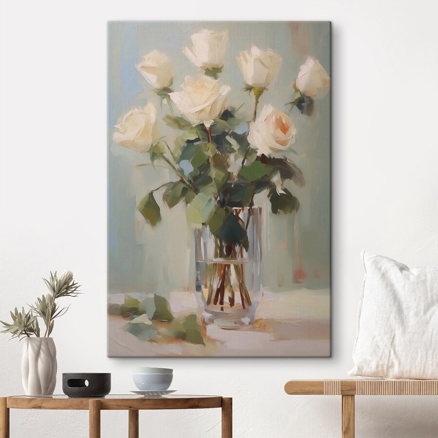 Schilderij van een vaas met witte rozen