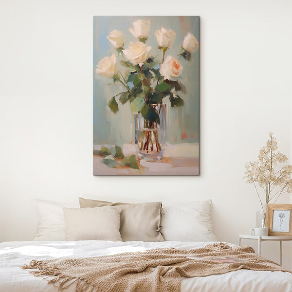 Schilderij van een vaas met witte rozen Schilderij van een vaas met witte rozen