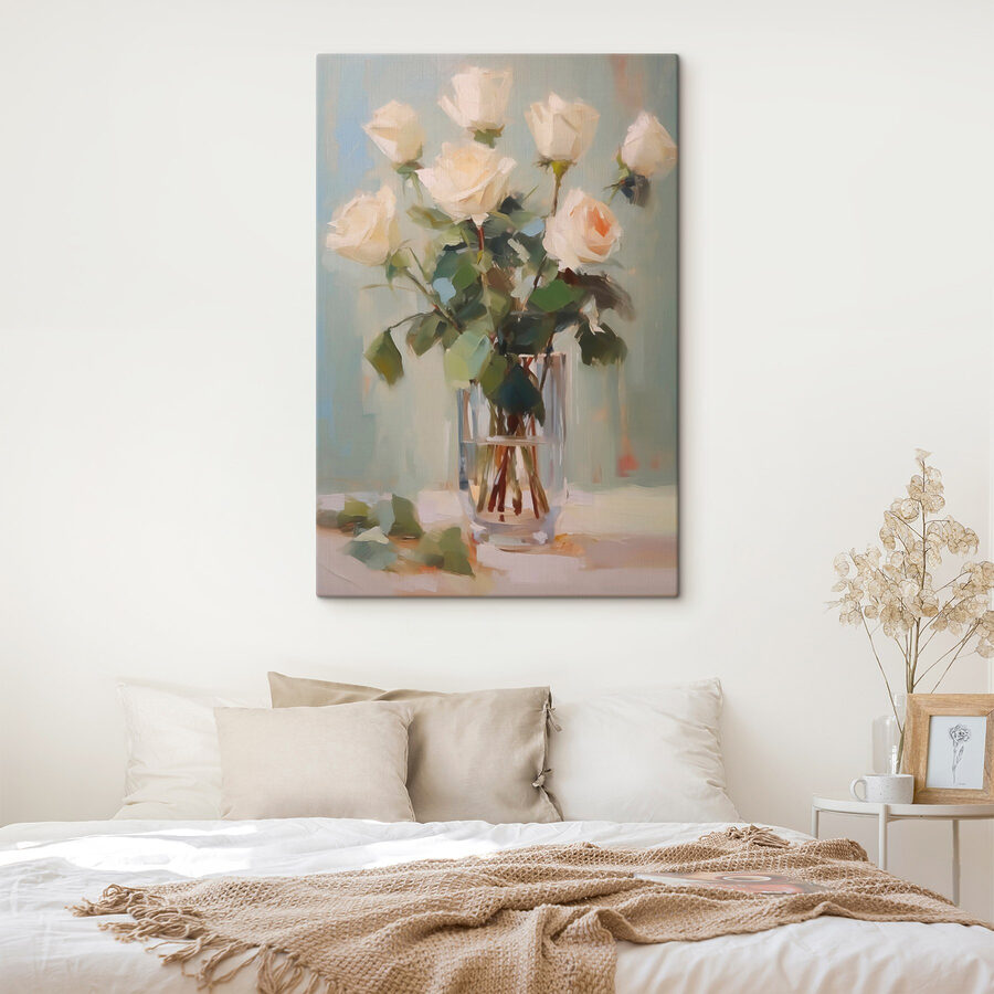 Schilderij van een vaas met witte rozen