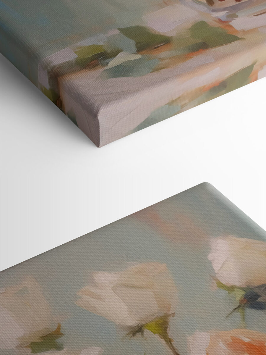Schilderij van een vaas met witte rozen