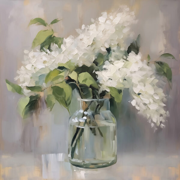 Schilderij van een boeket witte bloemen in een glazen pot Schilderij van een boeket witte bloemen in een glazen pot