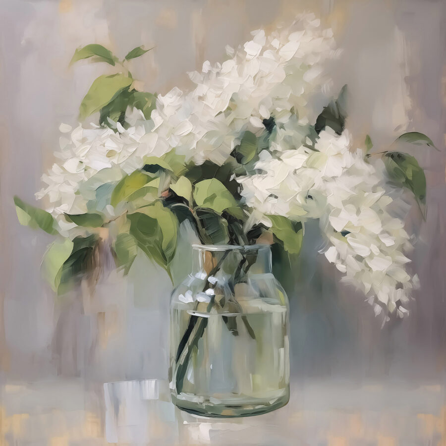Schilderij van een boeket witte bloemen in een glazen pot Schilderij van een boeket witte bloemen in een glazen pot